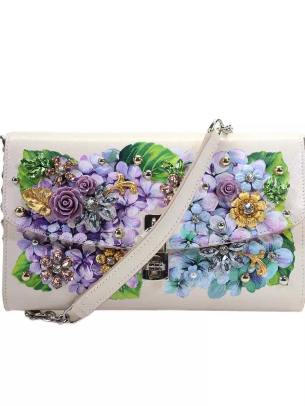 Dolce and Gabbana Womens Crystal Turnlock Hydrangea Print Shoulder Handbag White